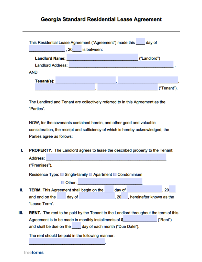 Free Georgia Standard Residential Lease Agreement Template PDF WORD