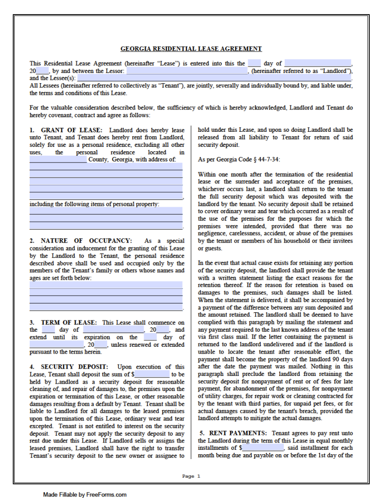 Free Printable Lease Agreement Georgia