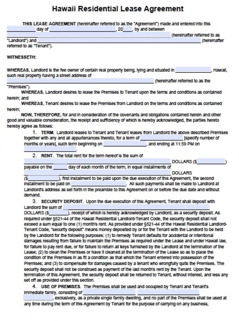 Free Hawaii Residential Lease Agreement PDF Word doc 