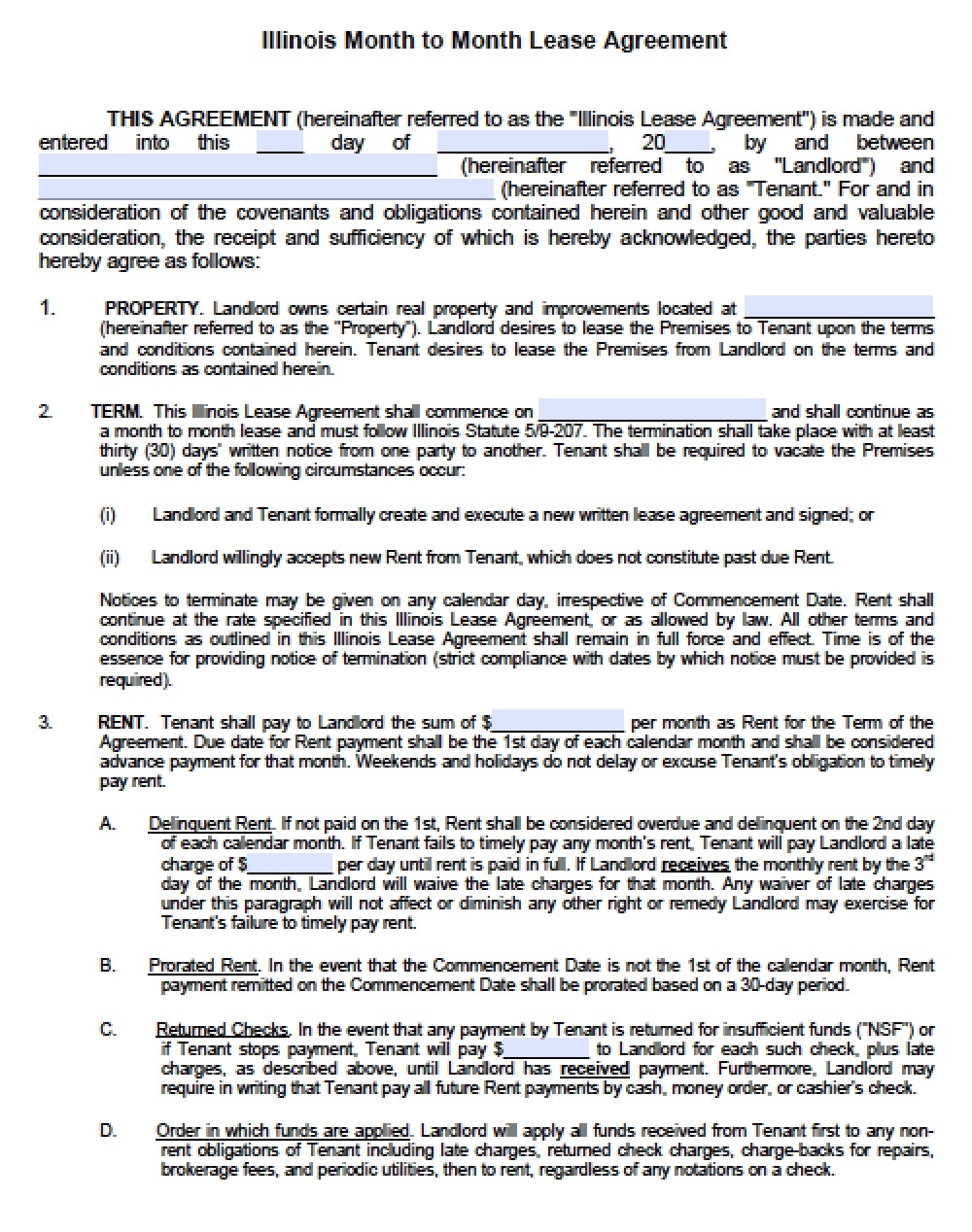 Printable Rental Agreement Form Illinois