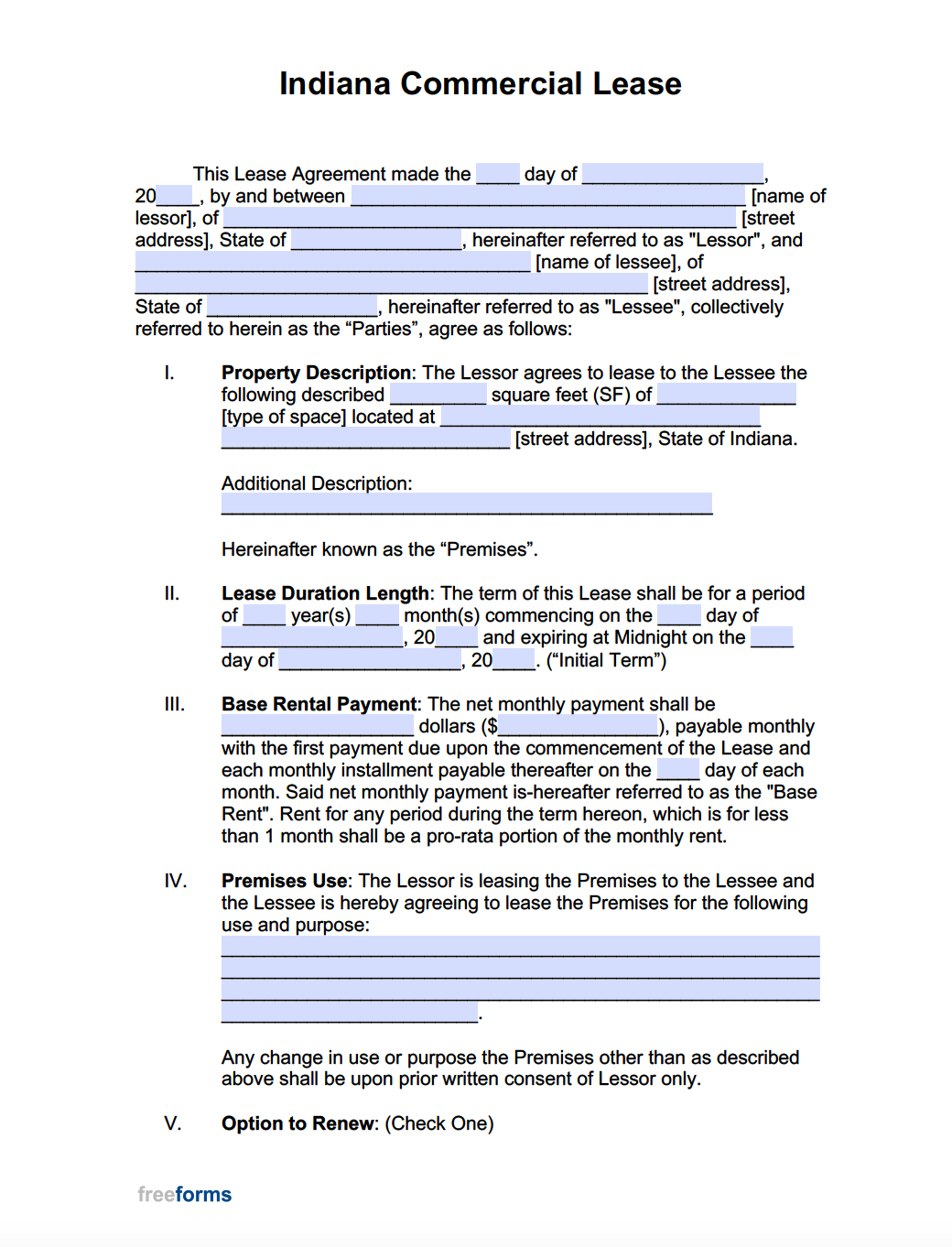 Free Printable Indiana Lease Agreement