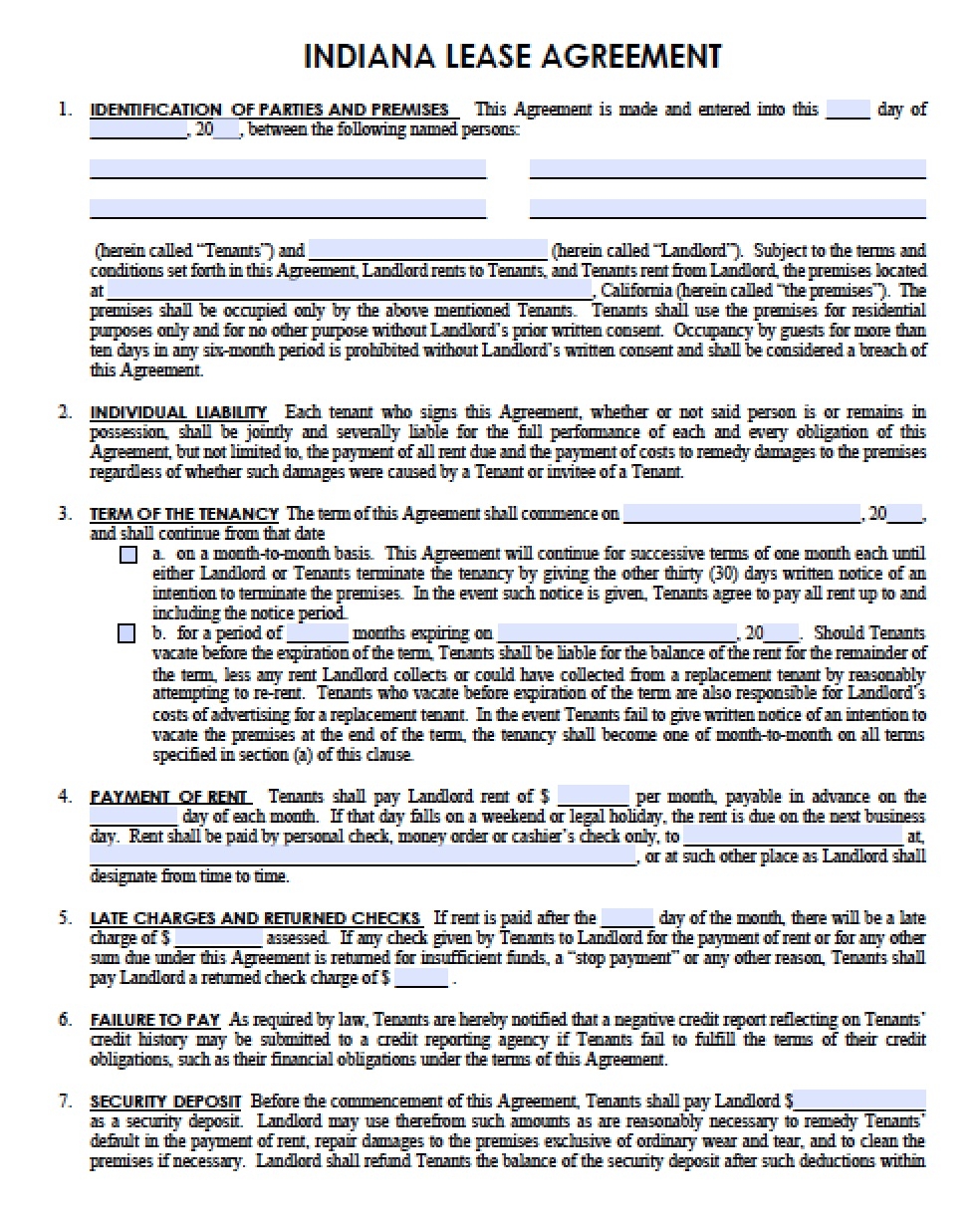 Printable Lease Agreement Indiana