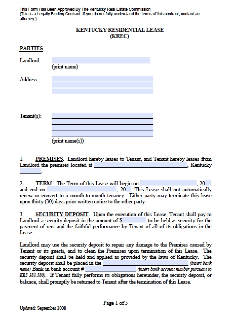 Free Kentucky Residential Lease Agreement PDF Word doc 