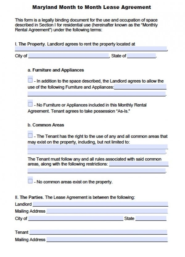 Free Maryland Month to Month Lease Agreement PDF Word