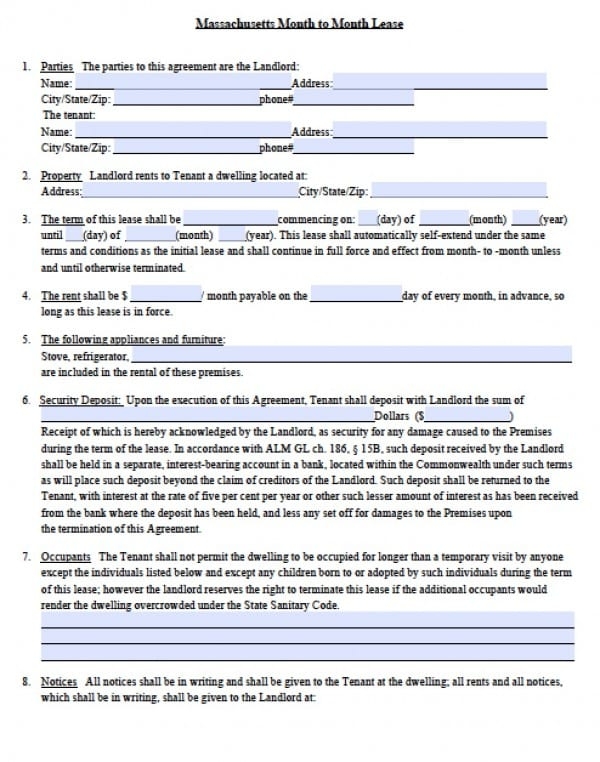 Free Massachusetts Month to Month Tenancy At Will Lease Agreements 