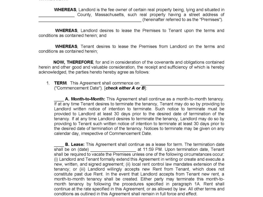 Free Massachusetts Standard One 1 Year Residential Lease Agreement