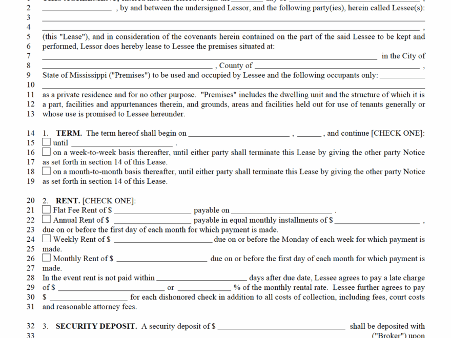 Free Mississippi Standard Residential Lease Agreement PDF WORD