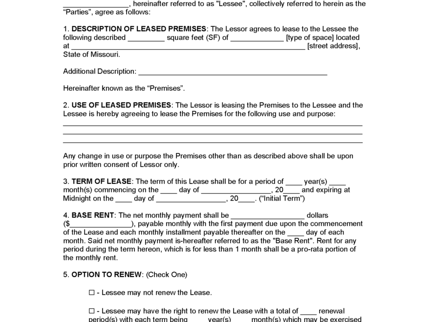 Free Missouri Commercial Lease Agreement Template PDF Word