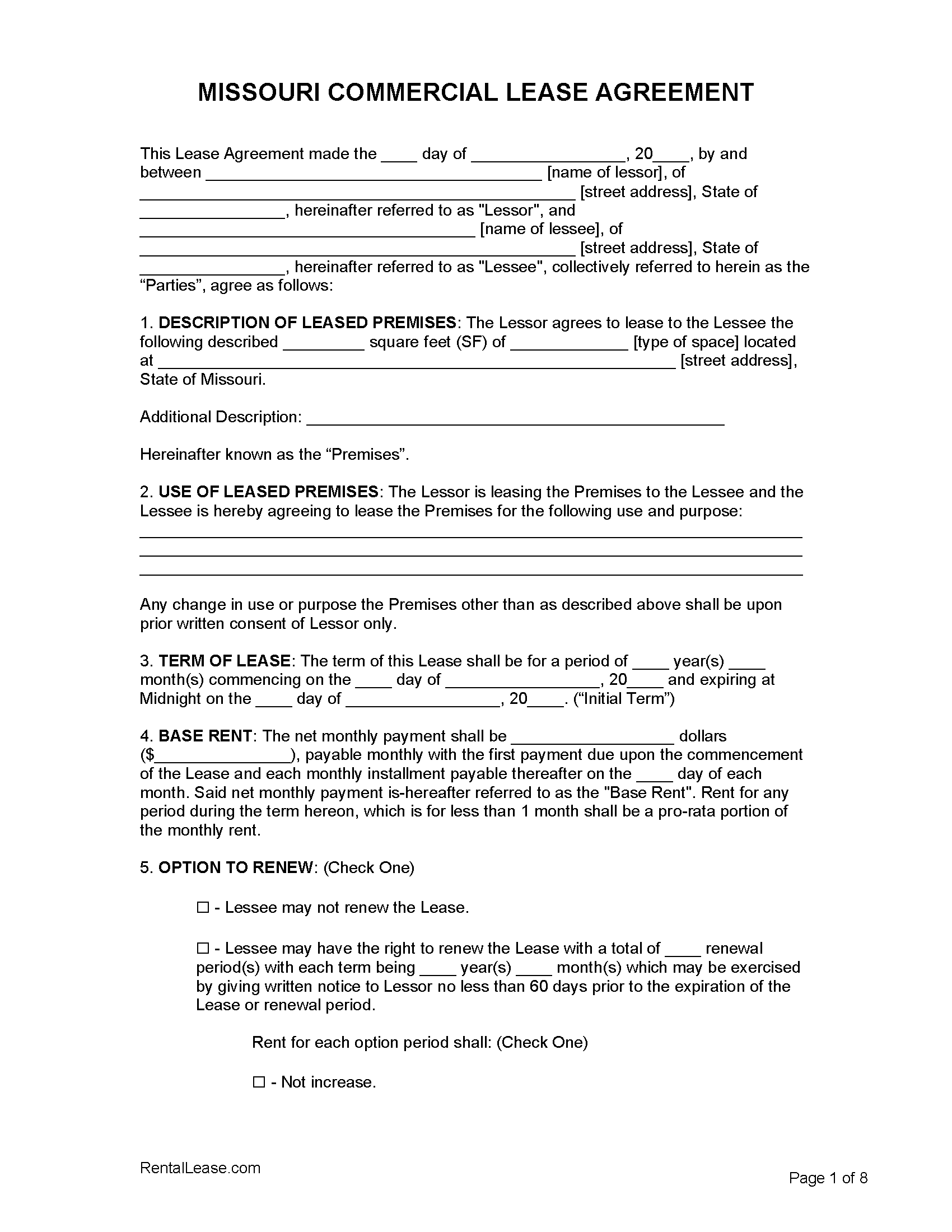 Free Missouri Commercial Lease Agreement Template PDF Word