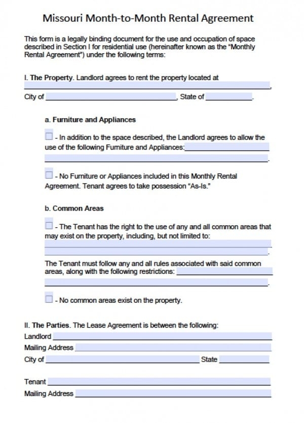 Free Missouri Month to Month Lease Agreement PDF Word doc 