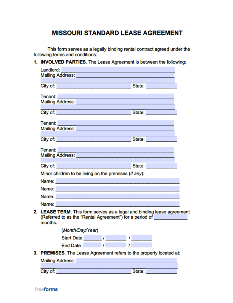 Free Missouri Standard Residential Lease Agreement Template PDF WORD