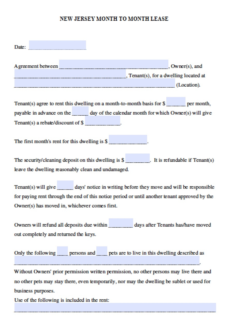 Printable Rental Agreement Form New Jersey