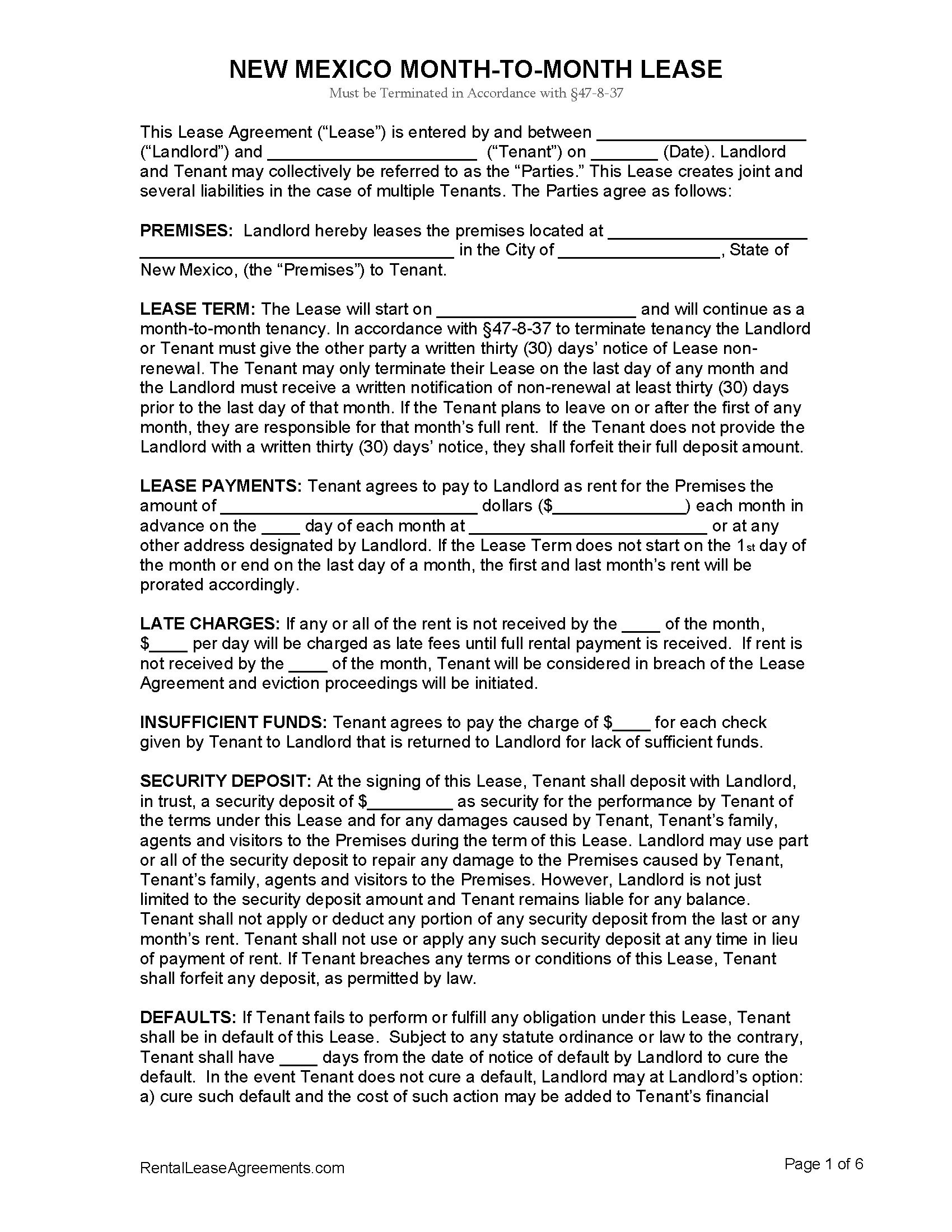 Free New Mexico Month to Month Rental Agreement PDF MS Word