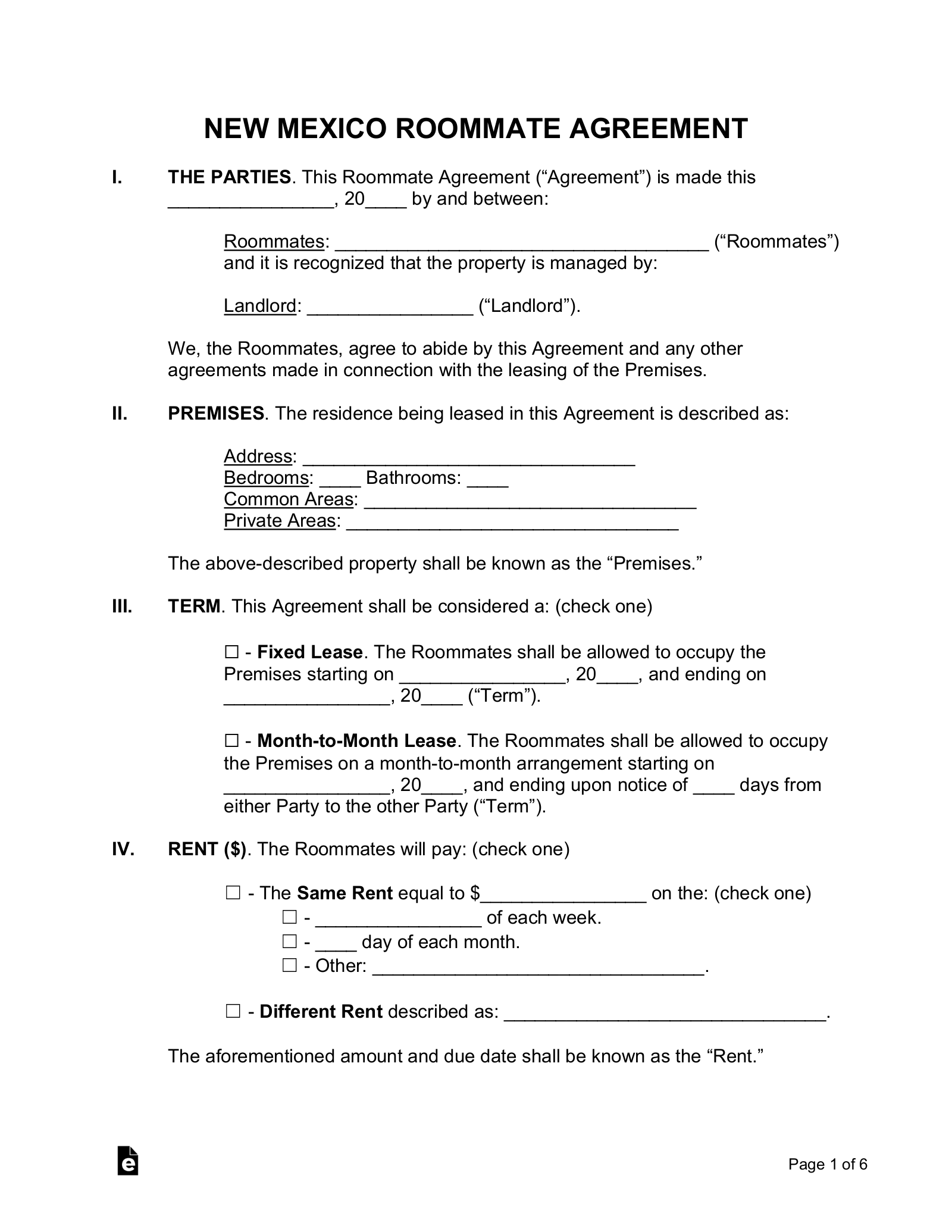 Free New Mexico Roommate Agreement Form PDF Word EForms