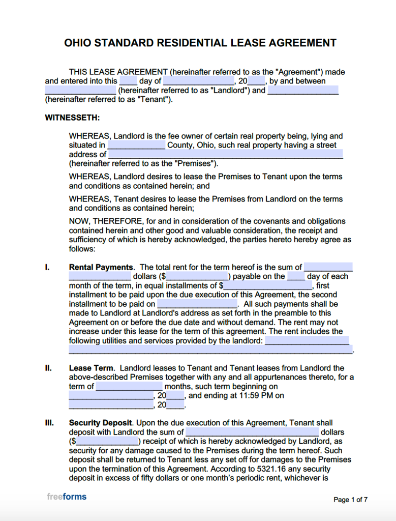 Printable Lease Agreement Ohio