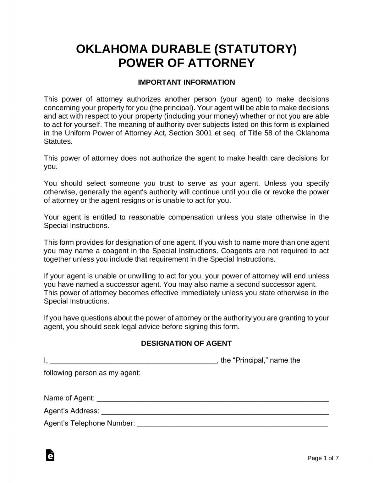 Free Oklahoma Power Of Attorney Forms 10 Types PDF Word EForms