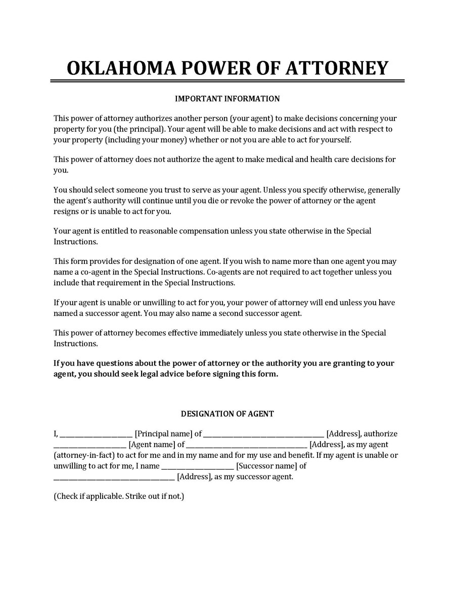Free Oklahoma Power Of Attorney Forms 10 Types 