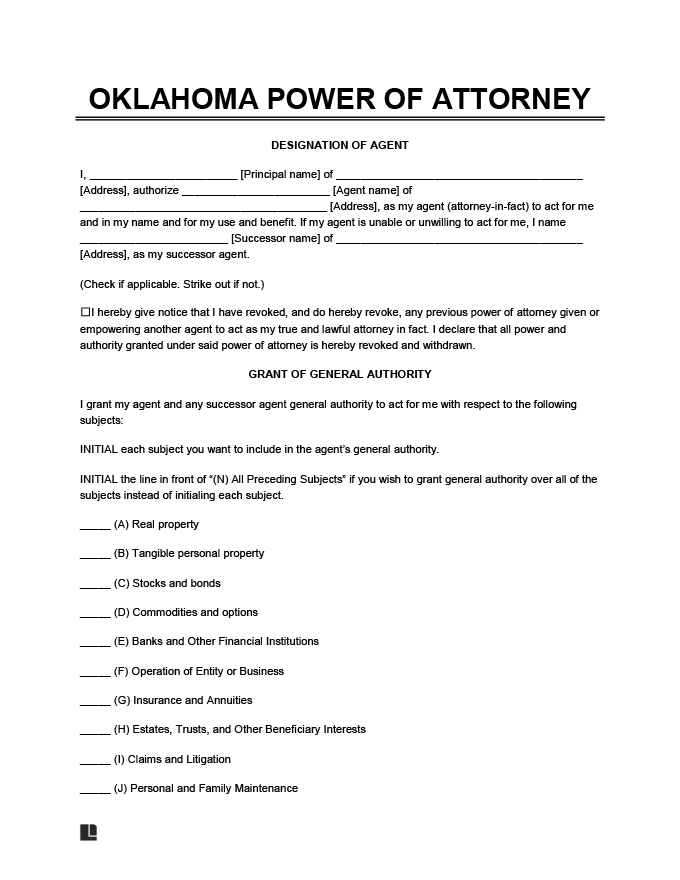 Free Oklahoma Power Of Attorney Forms PDF Word