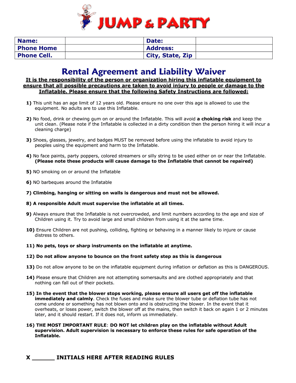 Free Printable Bounce House Rental Agreement