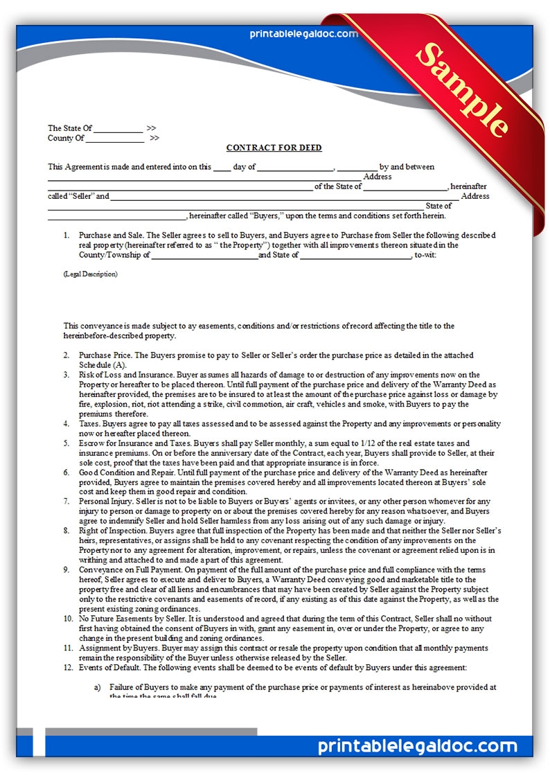 Free Printable Contract For Deed Forms Template 