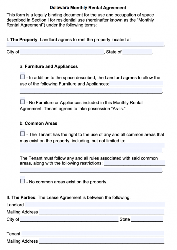 Free Printable Delaware Lease Agreement