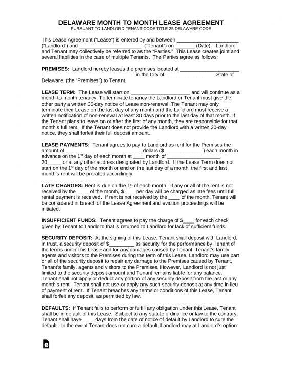 Free Printable Delaware Lease Agreement