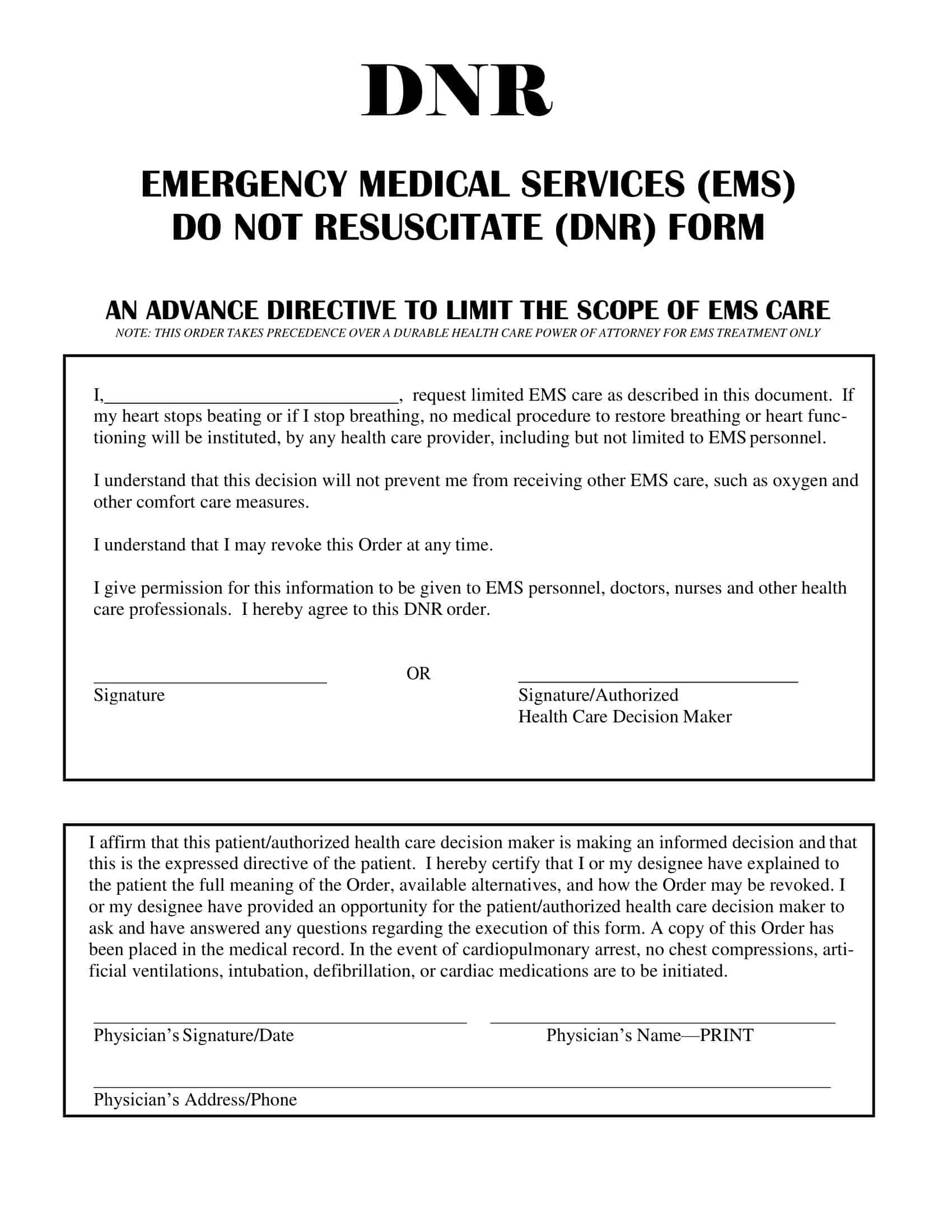 Free Printable Do Not Resuscitate DNR Order Form PDF Word 