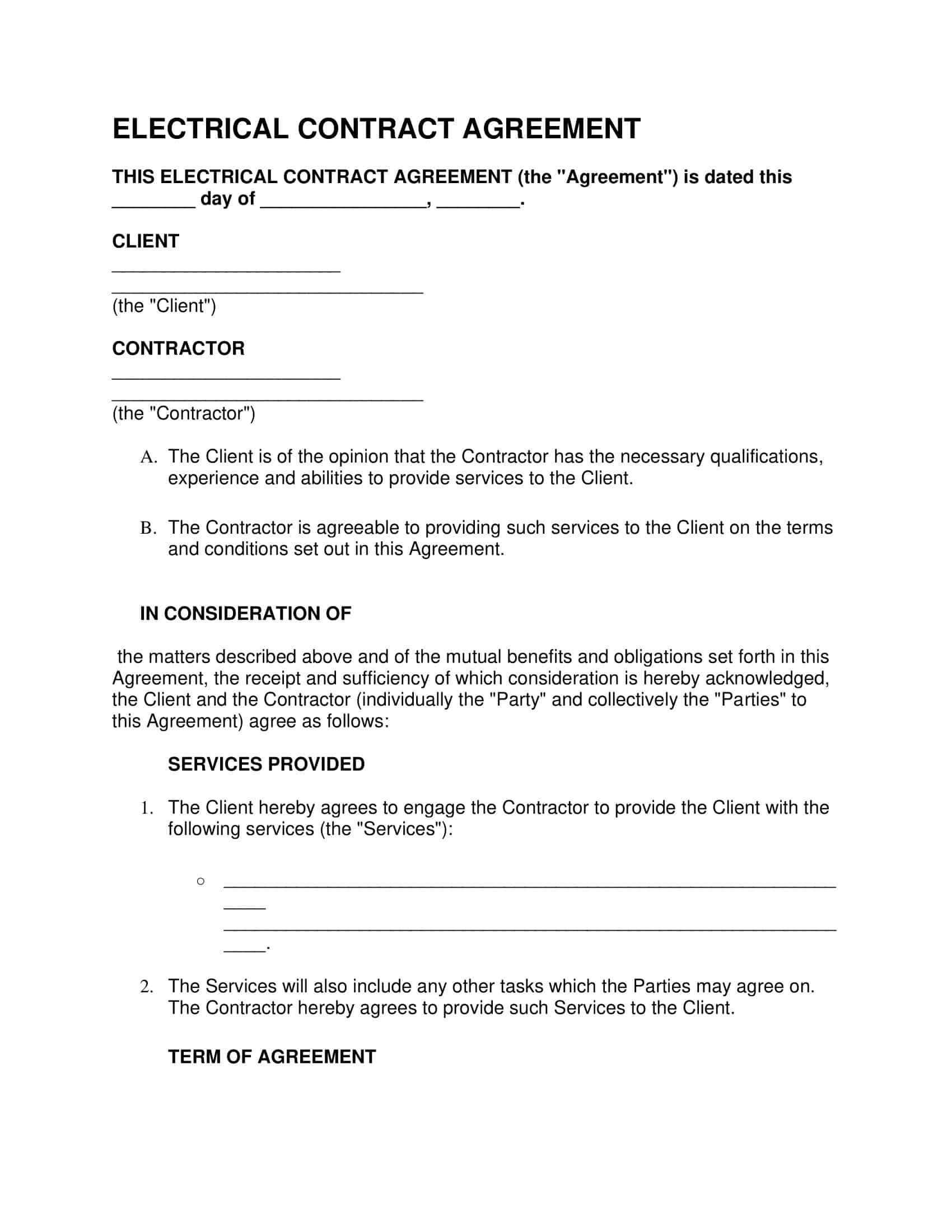 Free Printable Electrical Contract Templates PDF Word Agreement 