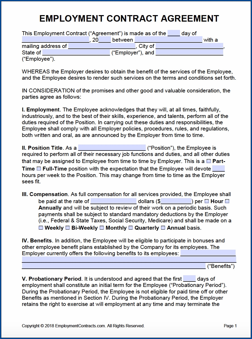Free Printable Employment Contract Template