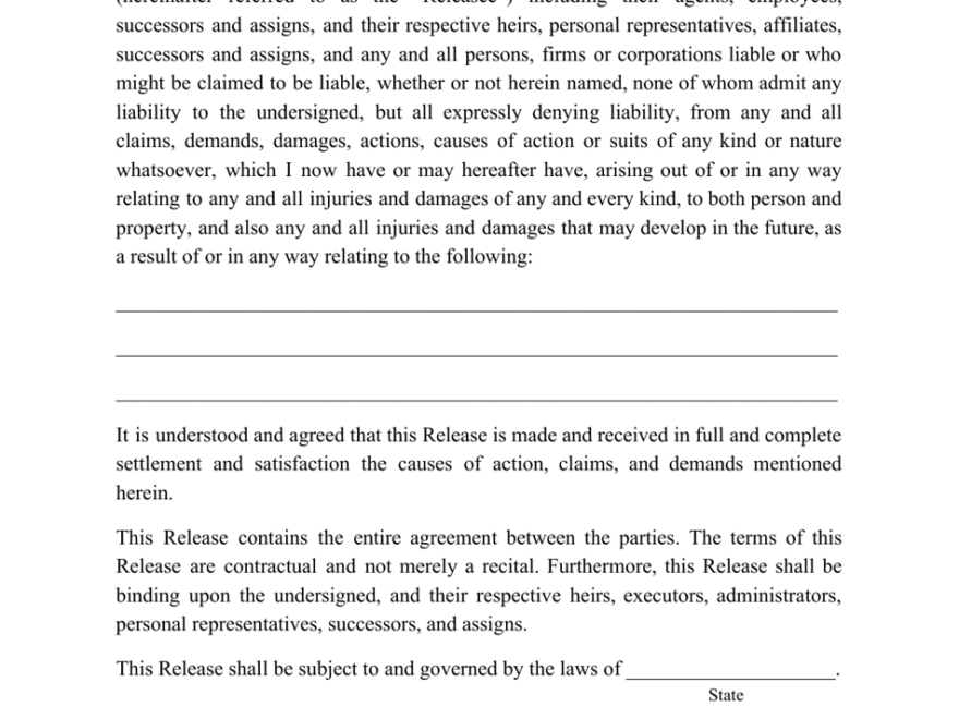 Free Printable General Release Of Liability Form Printable Forms Free