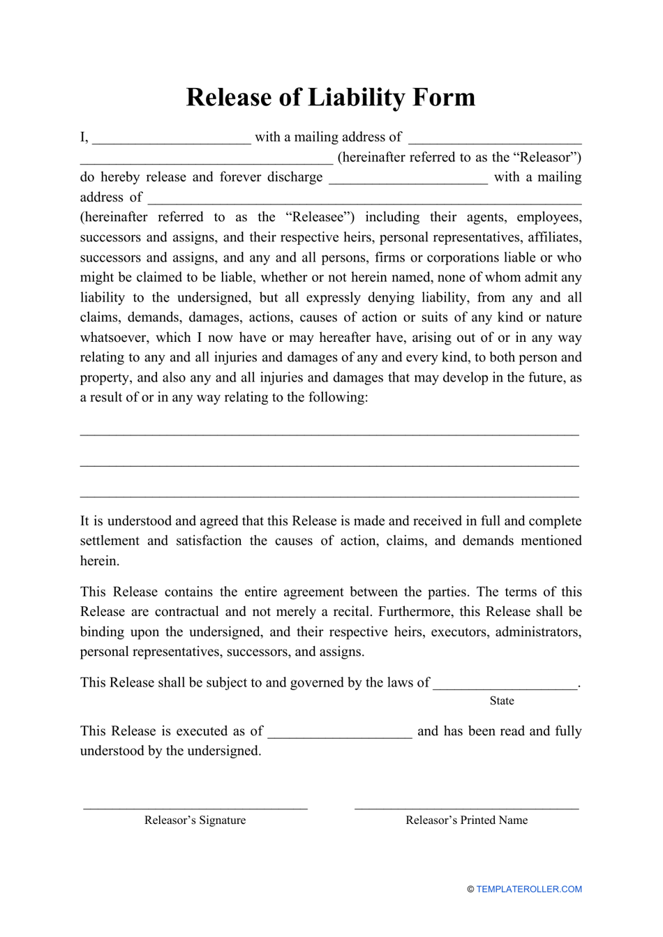 Free Printable General Release Of Liability Form Printable Forms Free 