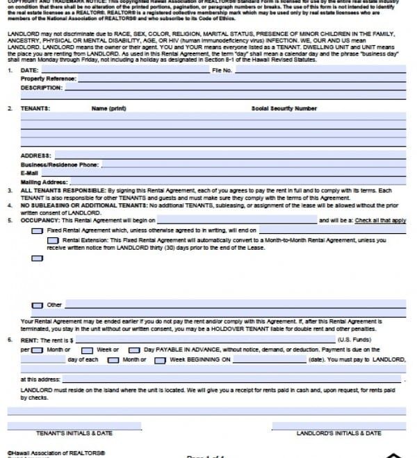 Free Printable Hawaii Rental Agreement Template Printable Templates