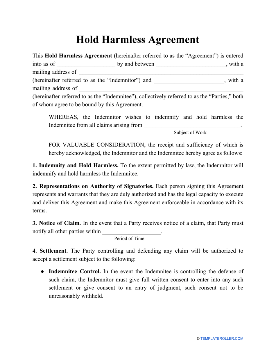 Free Printable Hold Harmless Agreement Template Printable Form 