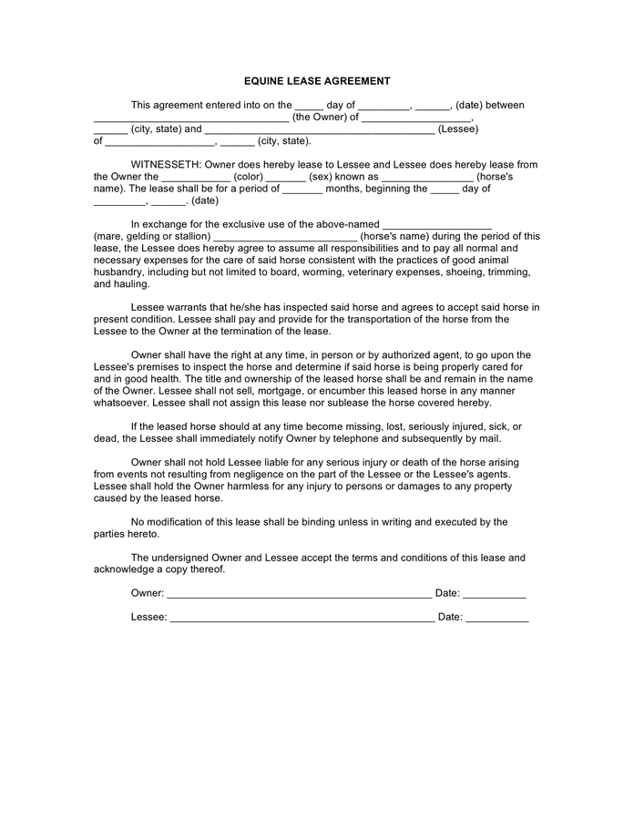 Free Printable Horse Lease Agreement