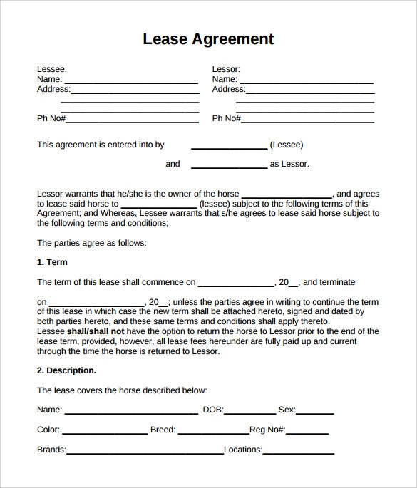 FREE Printable Horse Lease Agreement Printable Lease Agreement