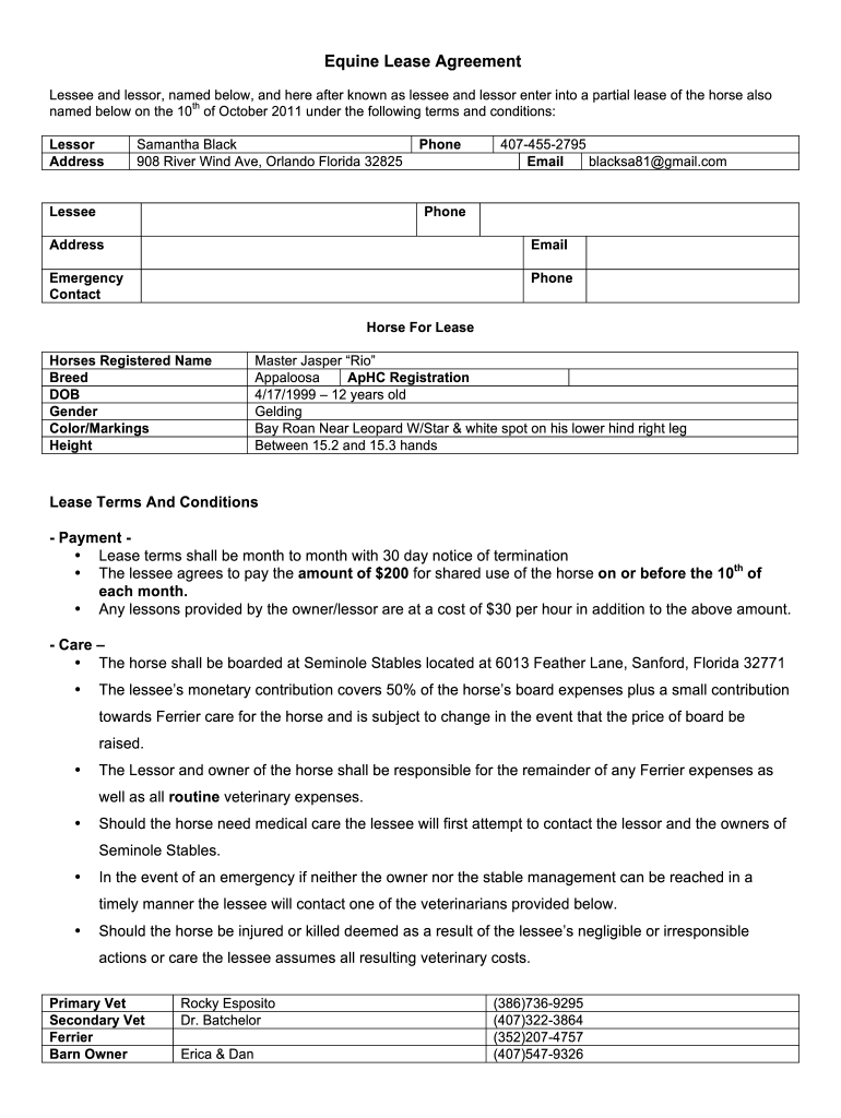 Free Printable Horse Lease Agreement