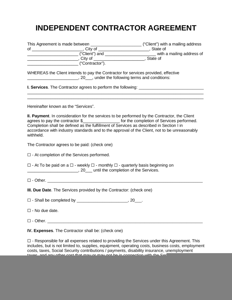 Free Printable Independent Contractor Agreement Free Printable