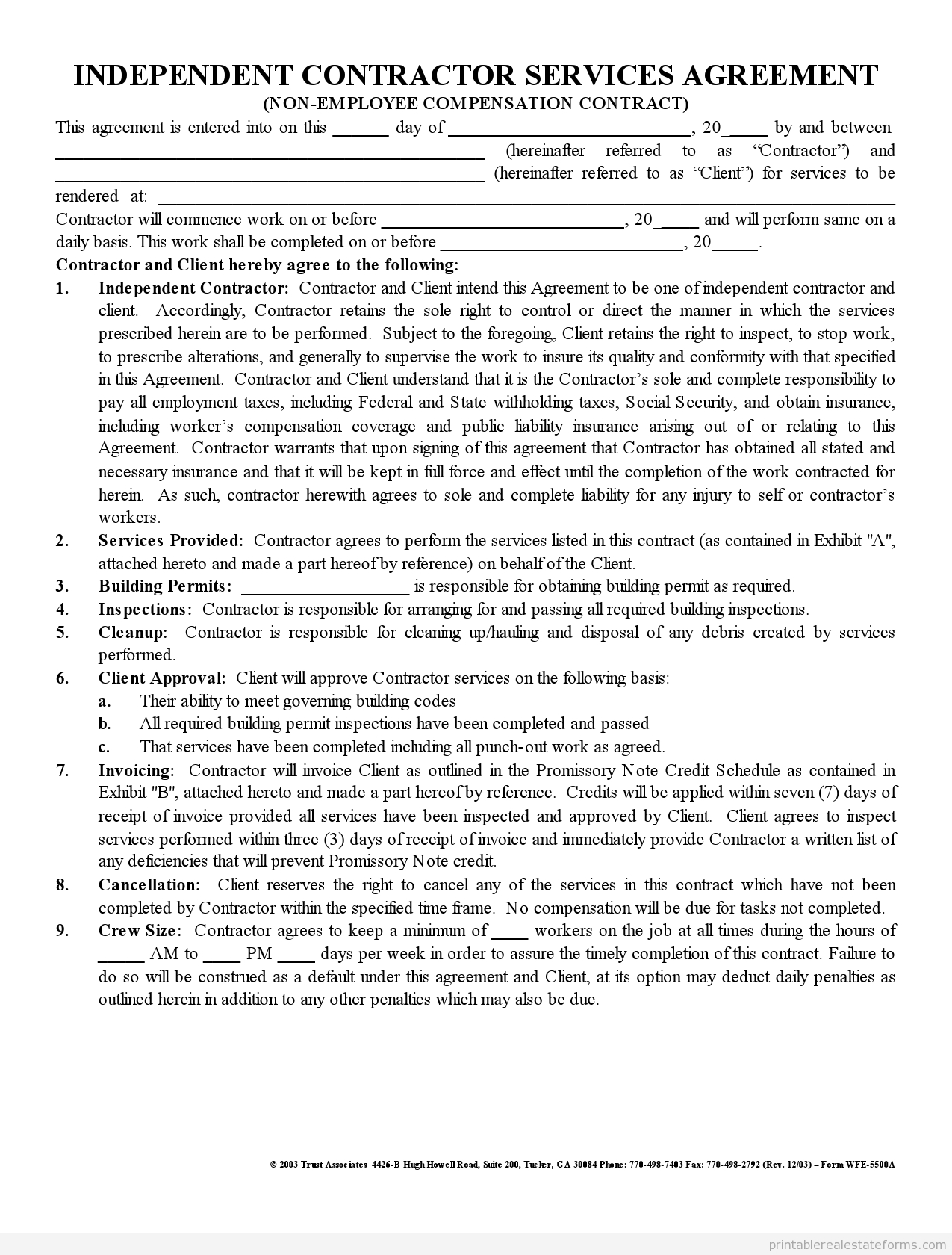 Free Printable Independent Contractor Agreement Free Printable