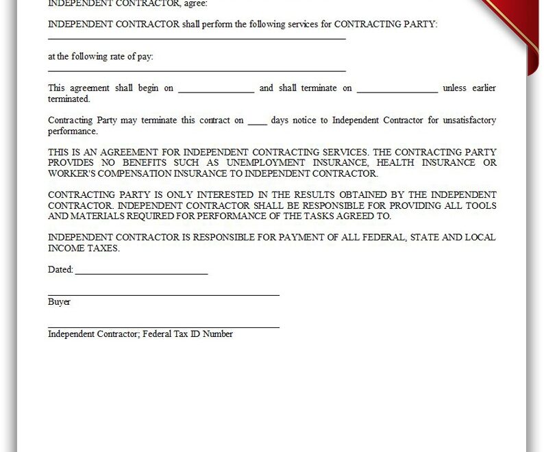 Free Printable Independent Contractor Agreement Simple Form GENERIC