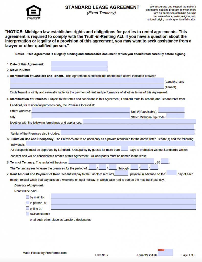 FREE Printable Lease Agreement Michigan Printable Lease Agreement