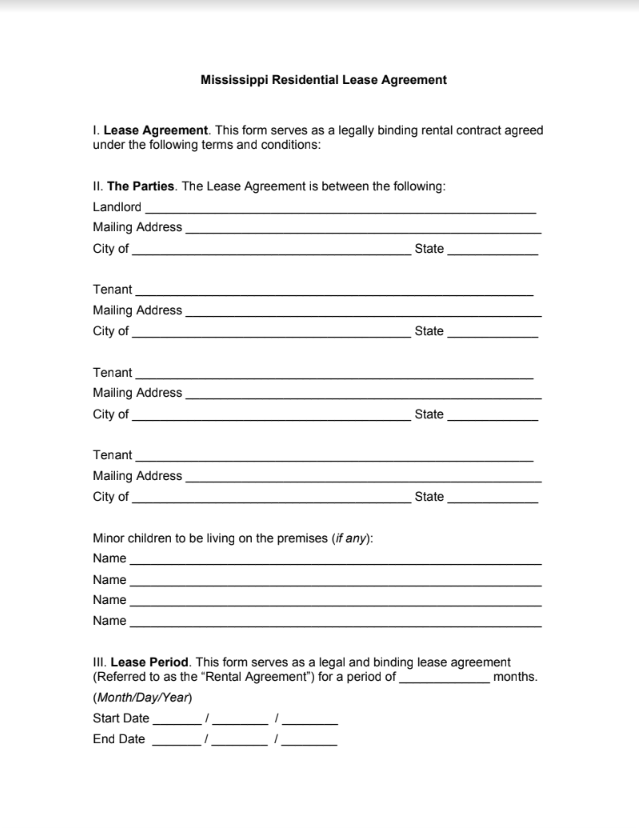 Printable Lease Agreement Mississippi