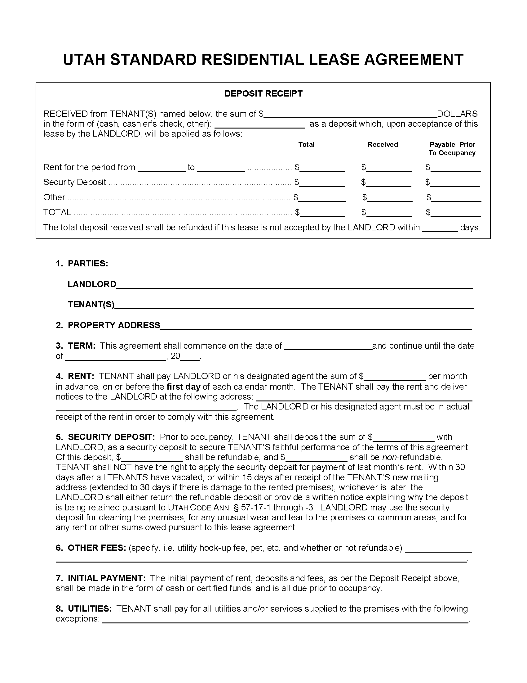 Free Printable Lease Agreement Utah