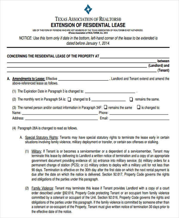 Free Printable Lease Extension Agreement
