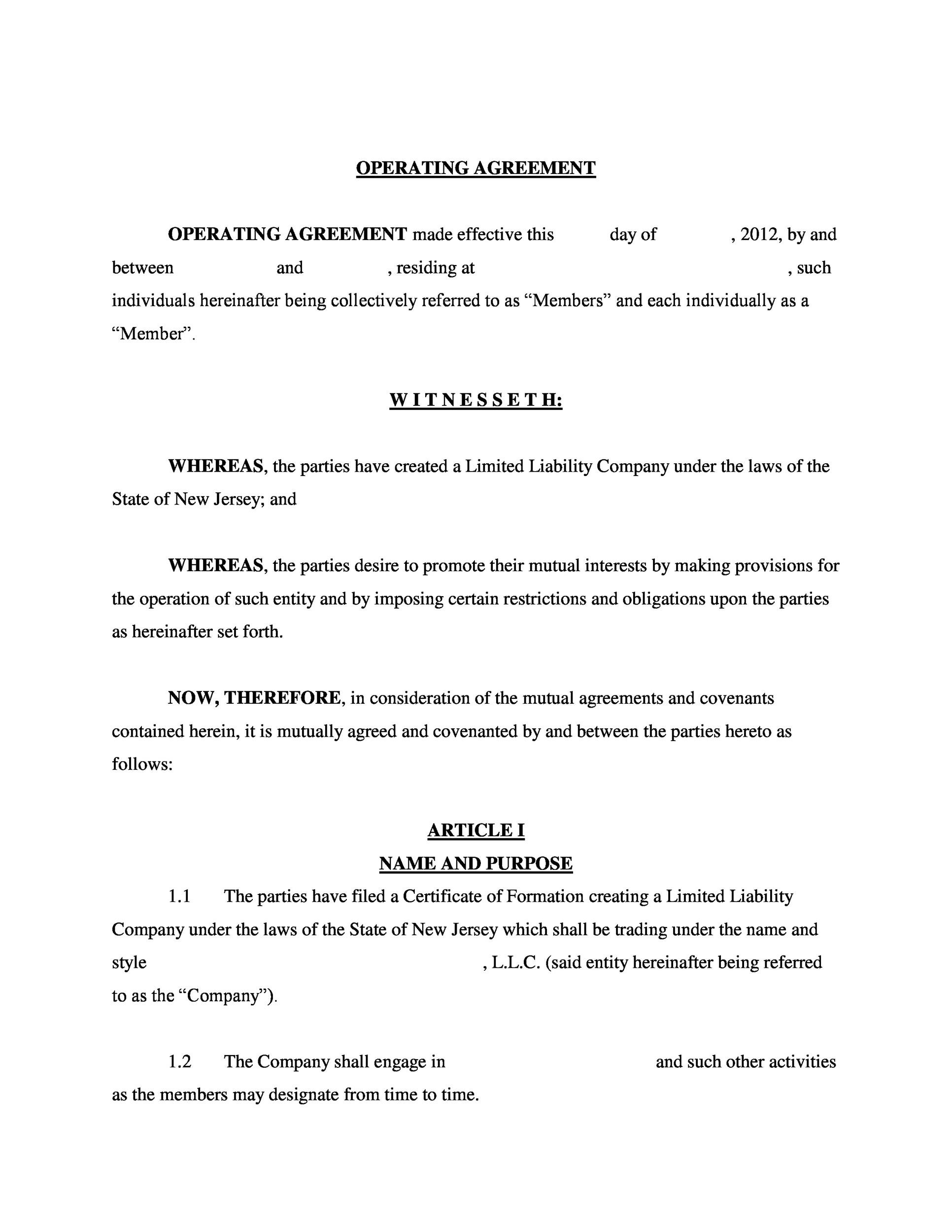 Free Printable Llc Operating Agreement