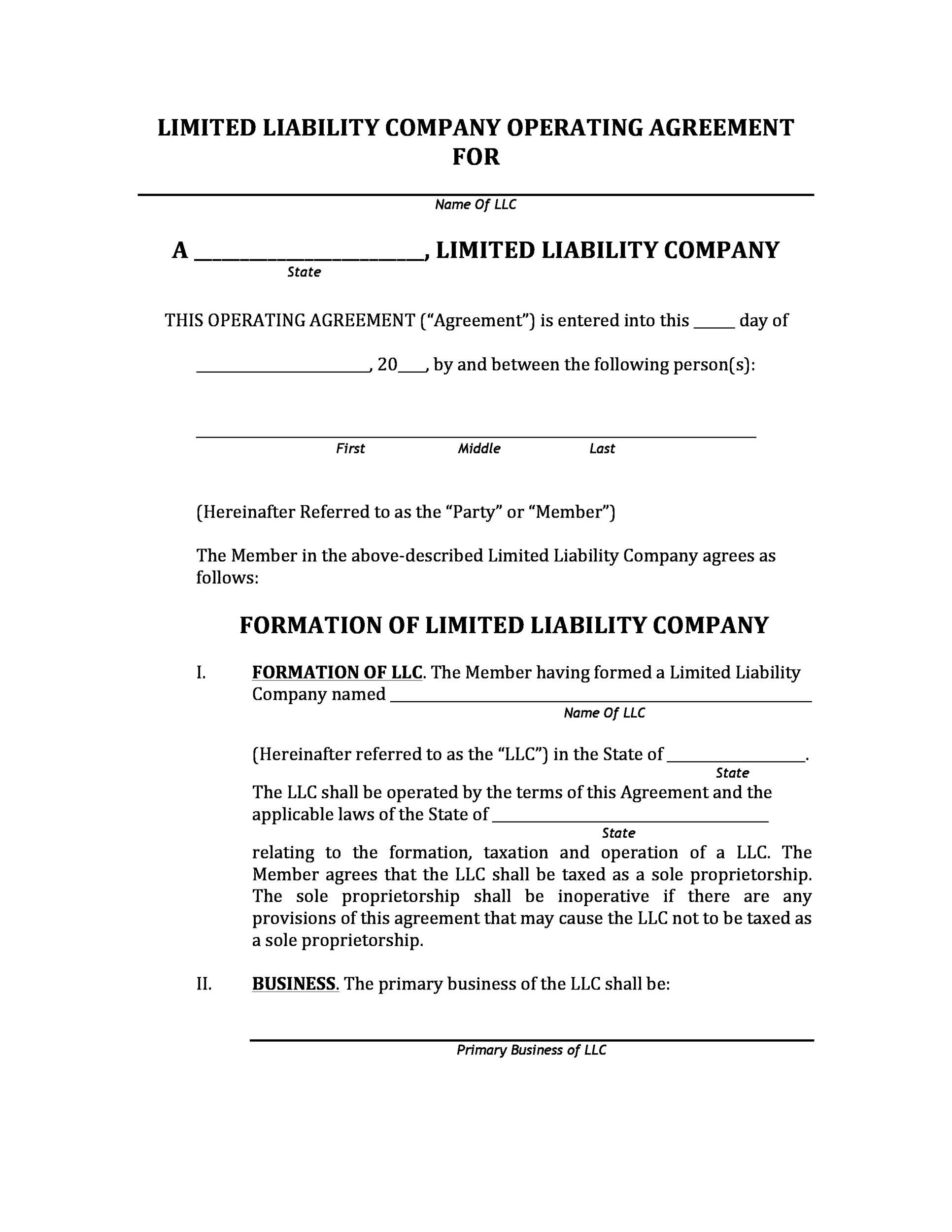Free Printable Operating Agreement