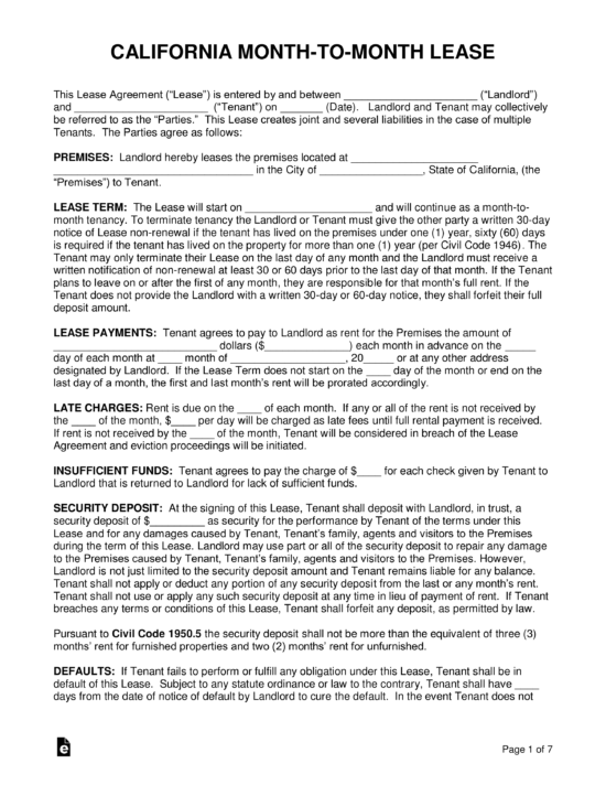 Printable Month To Month Rental Agreement California