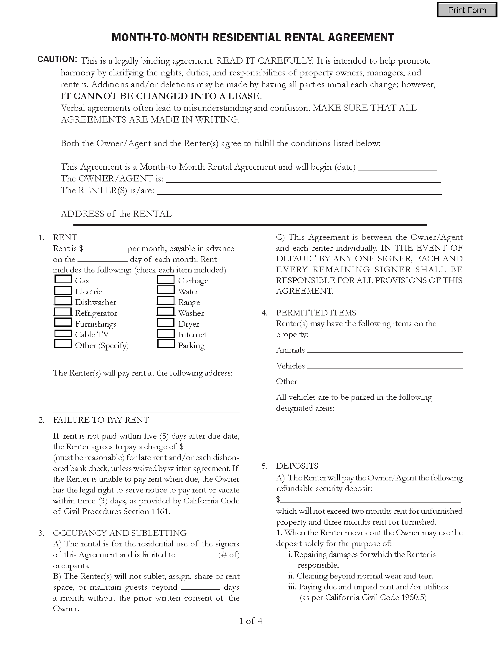 Free Printable Month to month Rental Agreement California Printable 
