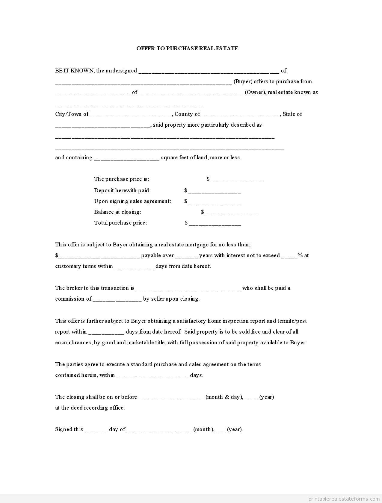 Free Printable Offer To Purchase Real Estate Form PDF 