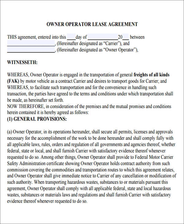 Free Printable Owner Operator Lease Agreement