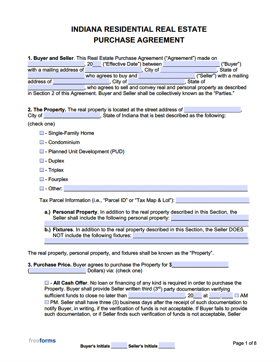 Free Printable Real Estate Purchase Agreement Form Indiana Printable 